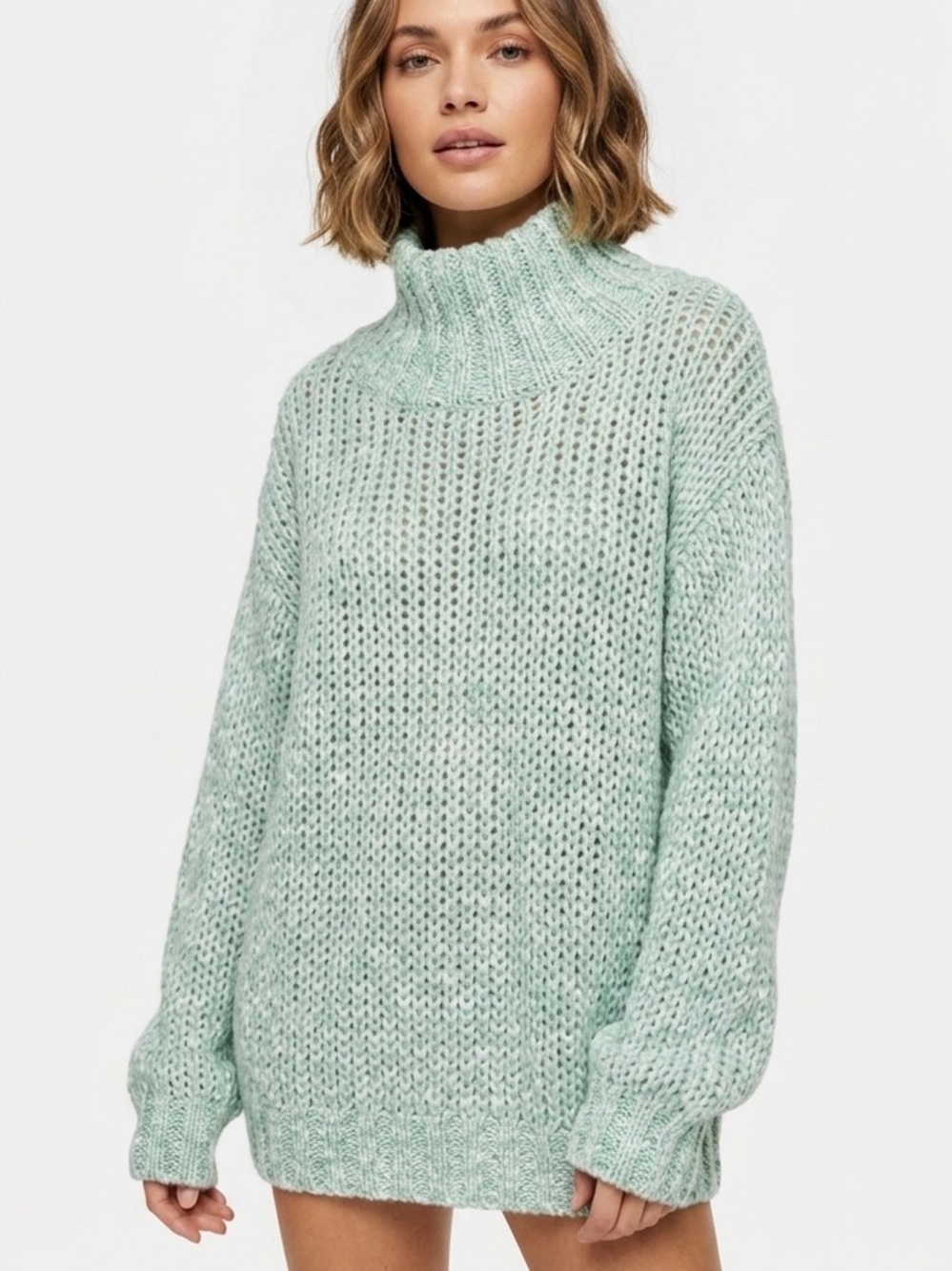 JOHN & JENN Mint Green Loose Knit Pullover Sweater Mock Neck Turtleneck Large